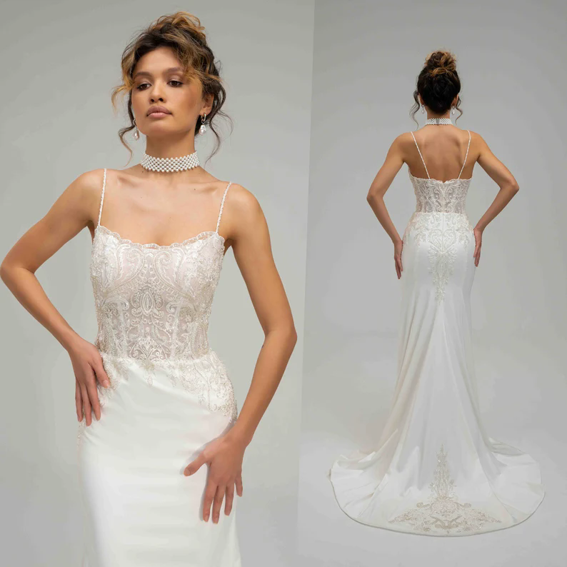 Wedding Dresses For Woman Scoop Neck Spaghetti Straps Gorgeous Appliques Mermaid Custom Made Open Back Vestidos De Novia