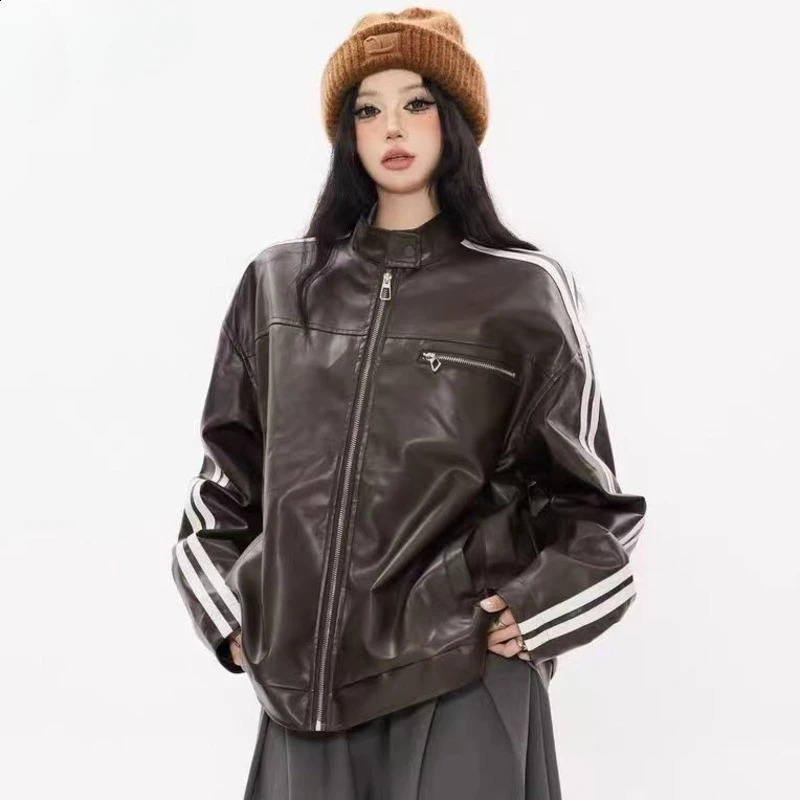 Black leather jacket striped womens bomber college racing car oversized jacket stylish zipper vintage American standing collar Pu jacket 240827