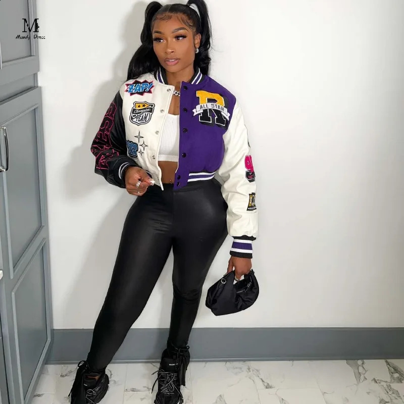 Street Women Print Varsity Jacket Baseball Uniform Long Sleeve Patchwork Y2K Clothes Fashion Autumn Winter Vintage Coat 240827