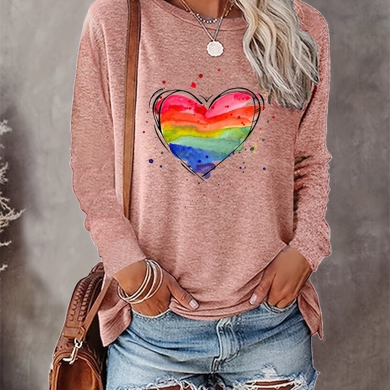 Rainbow print casual long sleeved crew collar T-shirt spring and summer womens clothing 240826