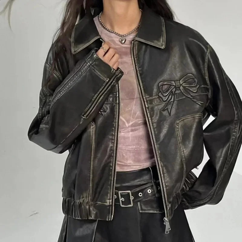 Y2k Motorcycle Bow PU Leather Jackets High Street Zipper Oversized Coats Vintage Jackets Female Casual Womens Clothing 240827