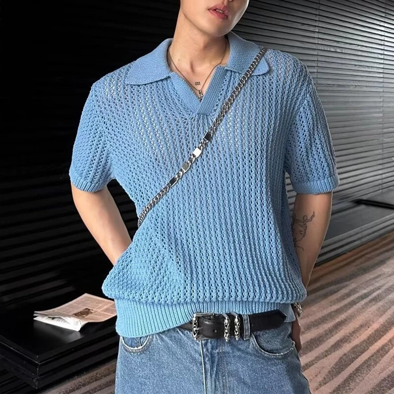 Fashion Turn-down Collar Knitted Polo Shirt Men Casual Short Sleeve Hollow Out Breathable Knit Tops Summer Mens Knitting Clothes 240827