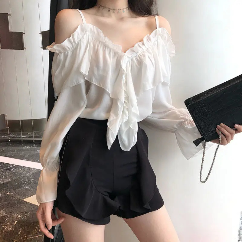 Off Shoulder Blouses Women Ruffles Sexy Party Stylish Ulzzang Solid Feminine Leisure All-match Spring Soft Ins 240827