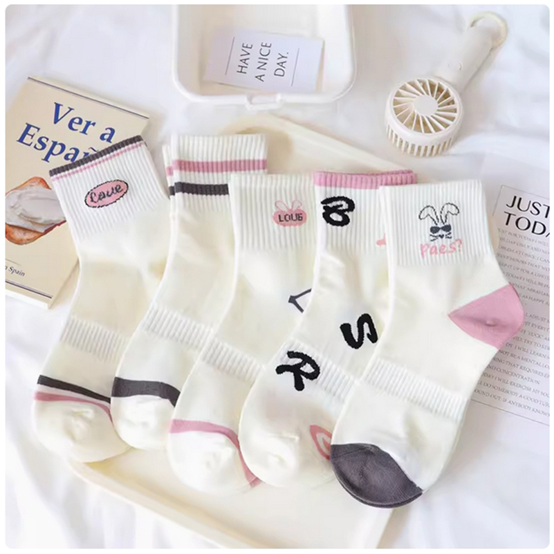 OC-Chery B9001 Spring and Autumn Girls' Socks Shallow Mouth Stripe Letter Cut Student Motion Short Socks Polyester Wholesale 5 Colors