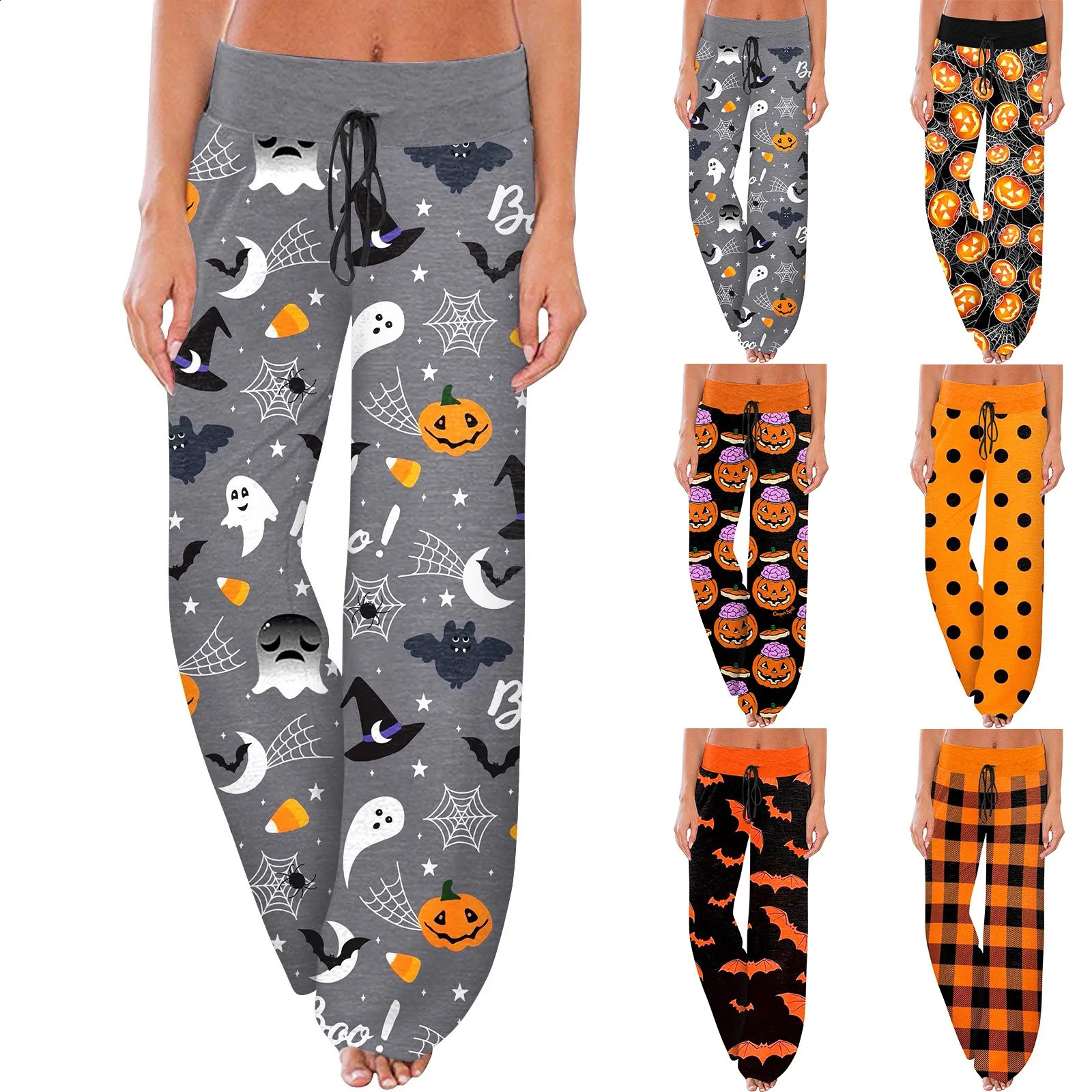 Womens Gothic Bat Sleepwear Halloween Printed Sleepwear Comfortable Lounge Bottom Brushed Wide Leg Pants 240827