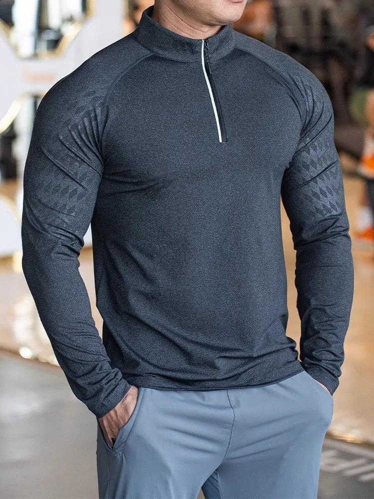 autumn winter running gym mens shirt long sleeved Tshirt elastic suitable for sports training fitness fast drying zipper collar polo 240827