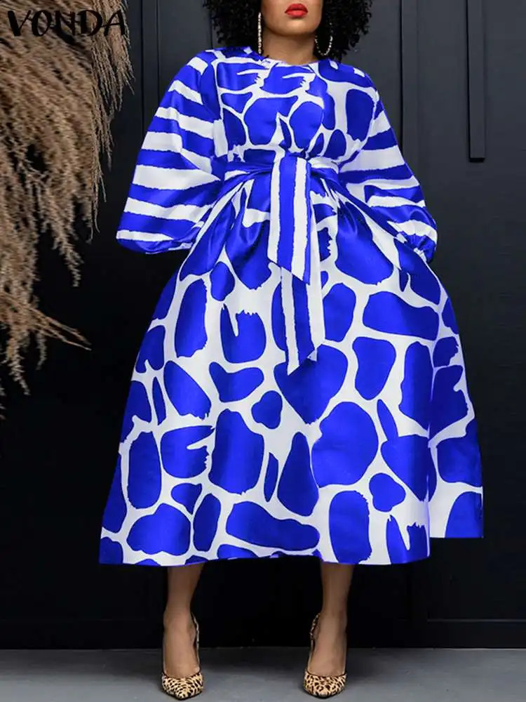 Plus Size 5XL VONDA Autumn Elegant Party Dress Long Sleeve Women Office Satin Silk Wedding Sundress Belted Casual Midi Vestidos 240827