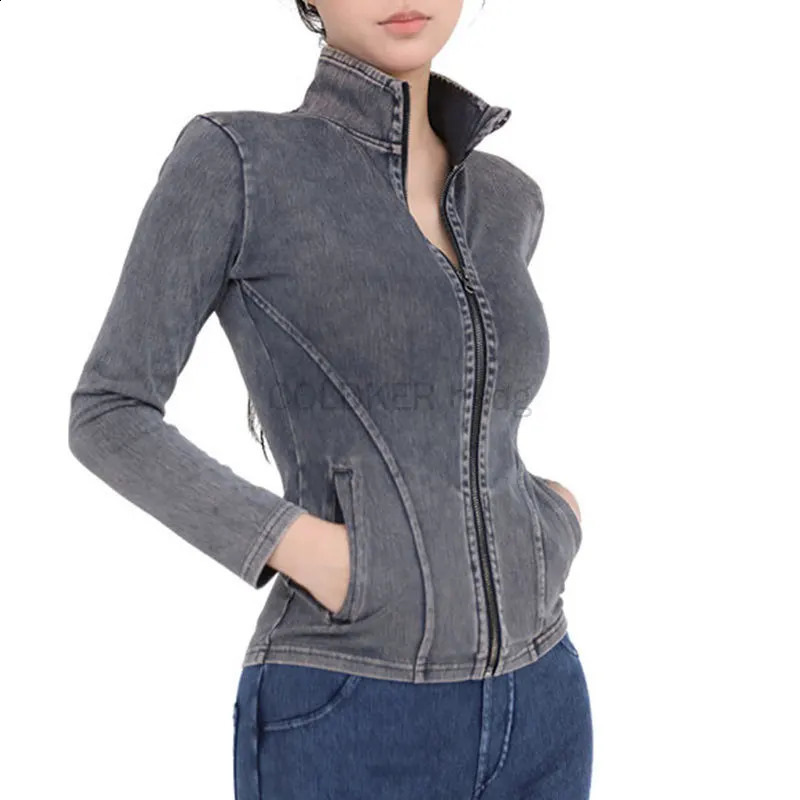Womens Full Zip Athletic Yoga Jacket Stretch Denim Coat Workout Running Track Sportwear Slim Fit Long Sleeve Gym Top 240827