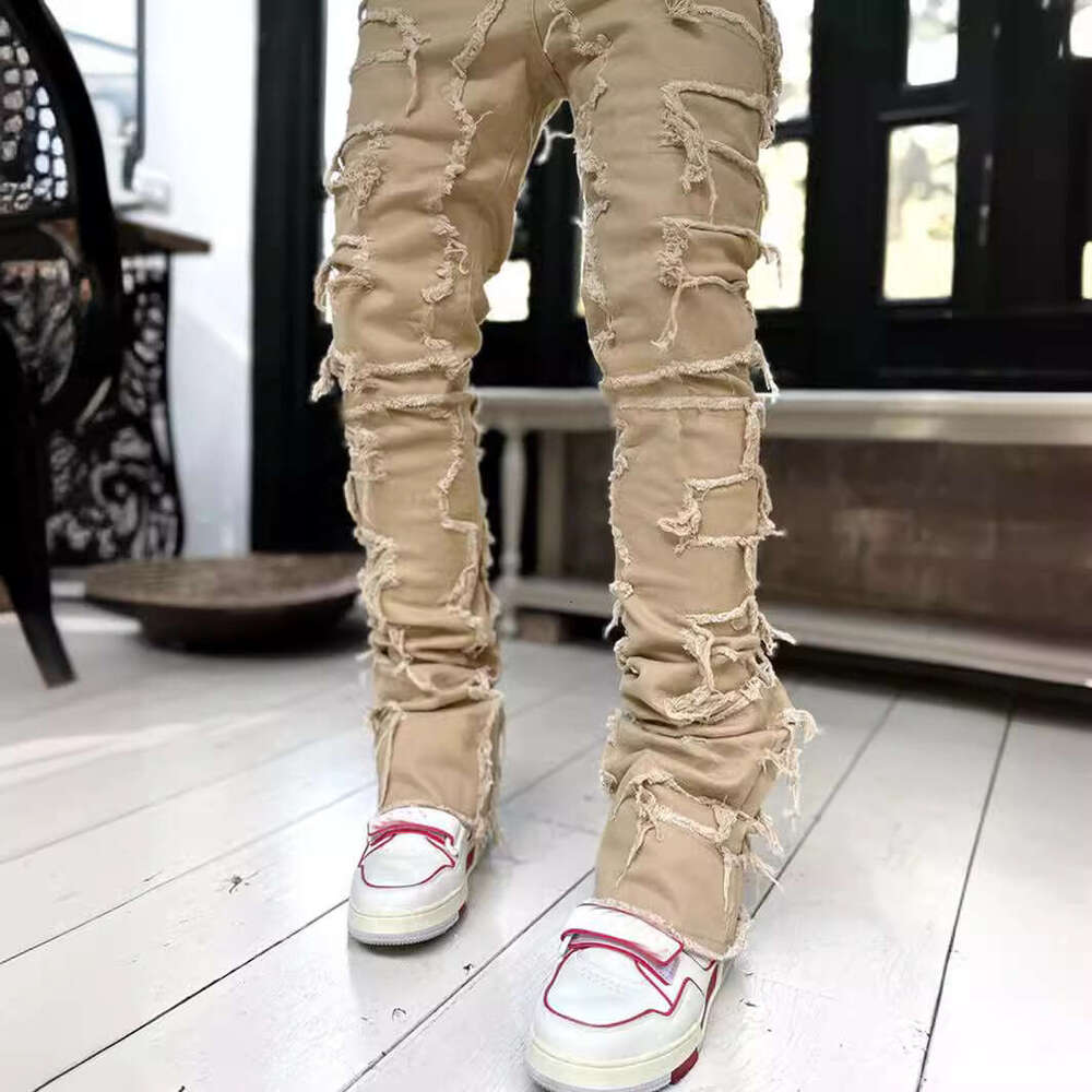 Jeans for Men Stretch Fit Skinny Stacked Ripped Destroyed Jeans Slim Fit Patch Y2K Denim Pants Slim Fit Trousers Streetwear