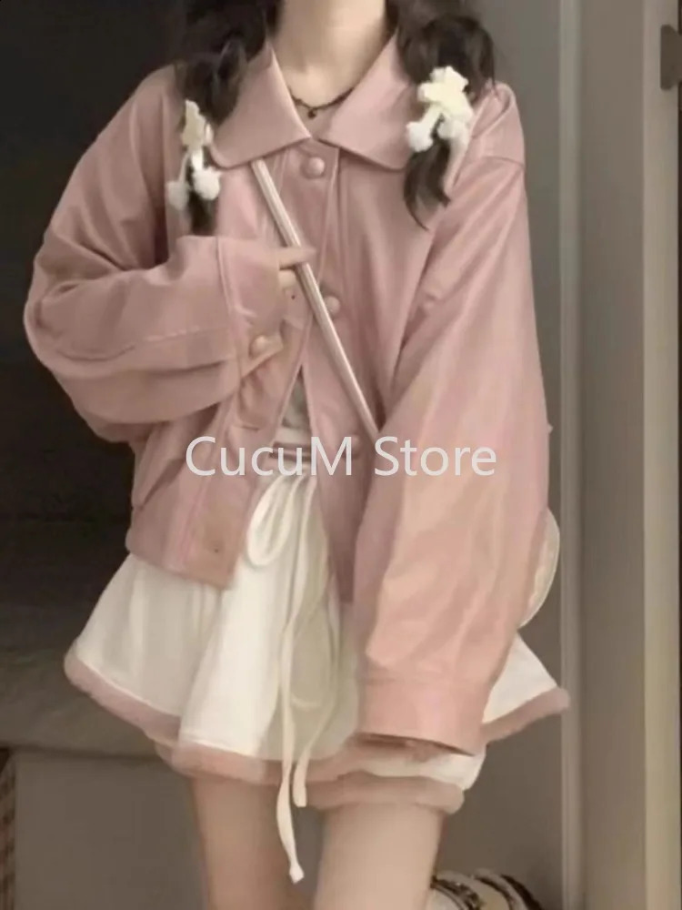 Korean fashion bra PU leather jacket womens coat retro loose n version jacket sweetheart spicy 240827
