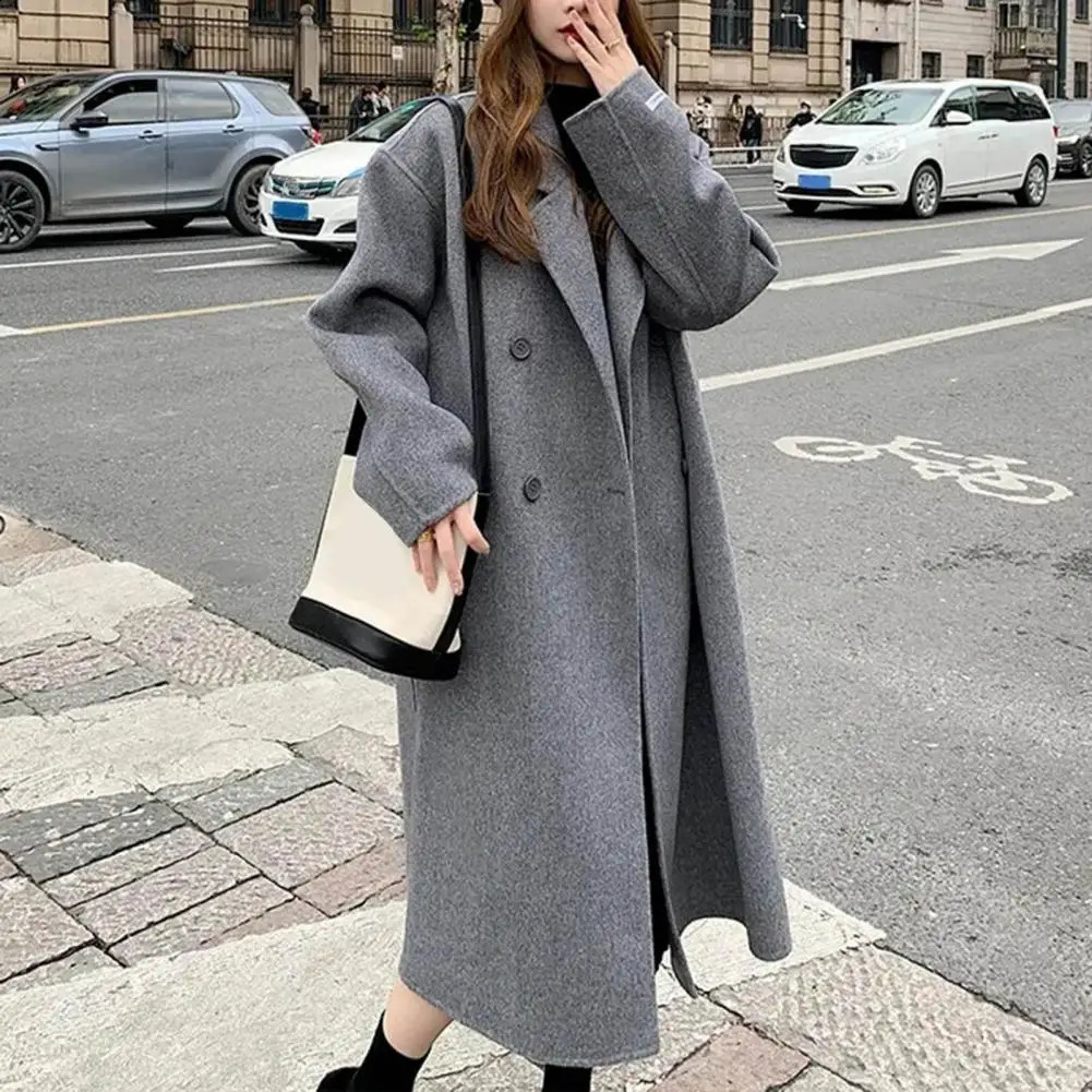 Women Double-Breasted Wool Cashmere Coat Fashion Long Turn-down Collar Belt Woolen Coats Lady Loose Tweed Jacket Autumn Winter 240826