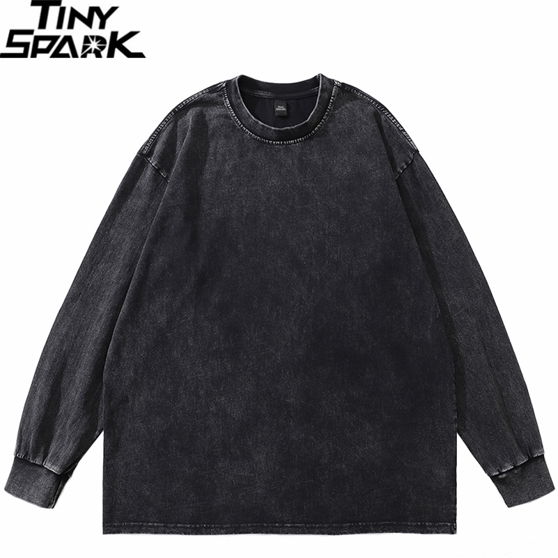 Hip Hop Streetwear Wash Black Plain T-shirt Retro Harajuku T-shirt Autumn Mens Cotton Long Sleeve Solid Color T-shirt 240826