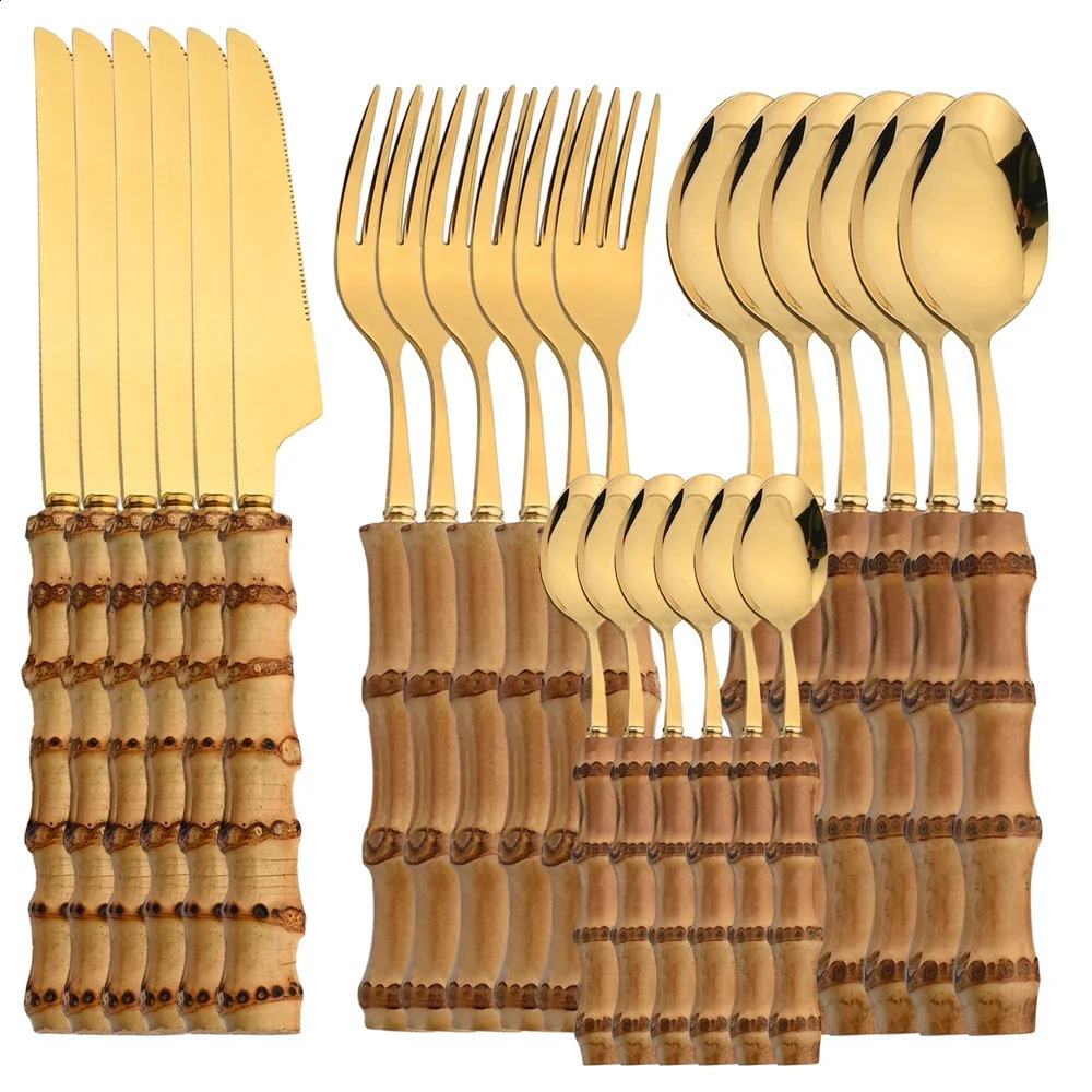 24 piece bamboo tableware set stainless steel pure natural handle w240826