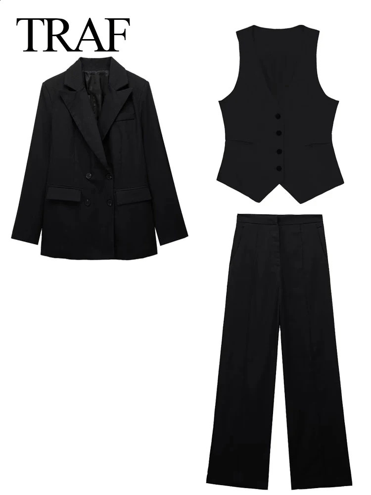TRAF Womens Elegant Blazer Vest Pant 3 Pieces Sets Long Sleeves Blazer Loose Trouser Female Double Breasted Vest Solid OL Suits 240826