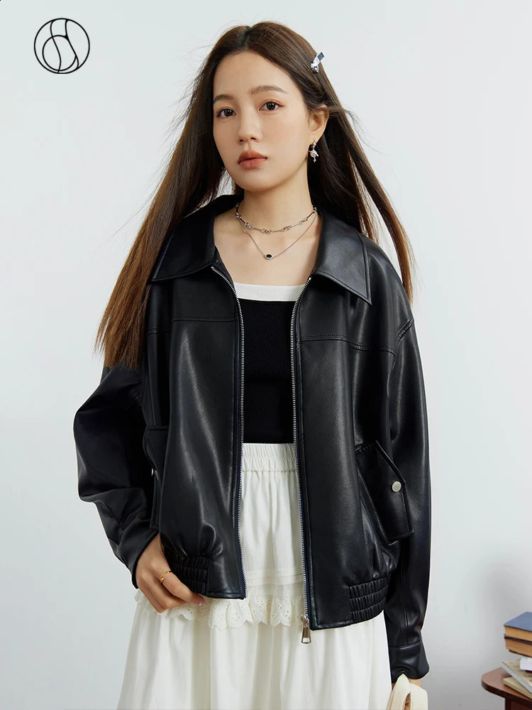 DUSHU Classic Jacket Leather Coat Autumn Ultra Thin Retro Hong Kong Style Flip Collar Casual Womens Loose 240826
