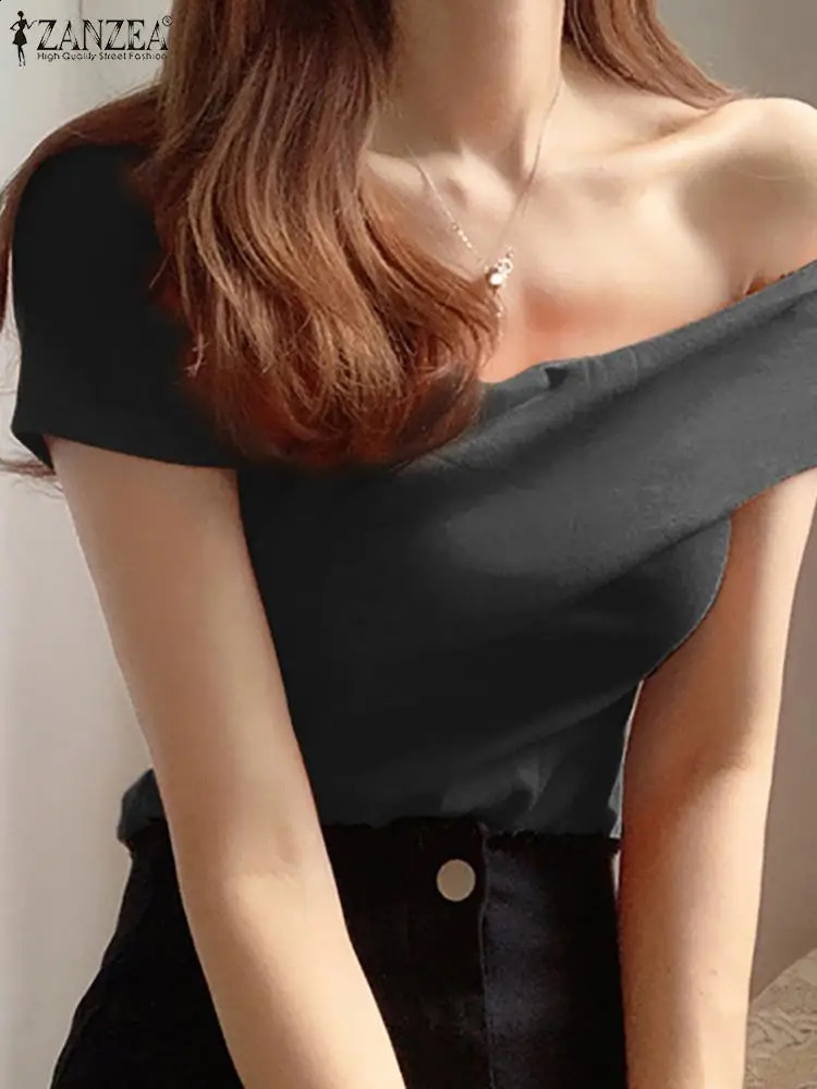 Off Shoulder Blouse Women Short Sleeve Tight Shirt ZANZEA Korean Fashion Solid Tunic Tops Y2k Slim Sexy Blouse Streetwear Blusas 240827