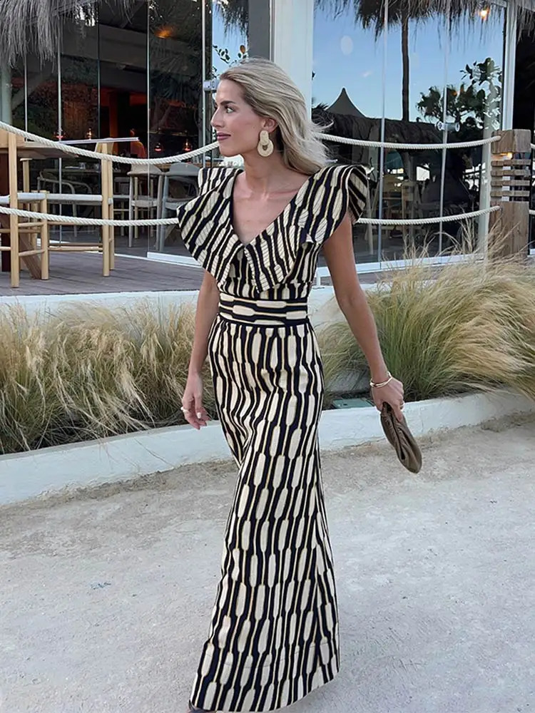 Fashion Printed Lotus Collar Flying Sleeve Top High Waist Tight Skirt Suit Ladies Elegant Skirts Set Women Vacation Outfits 240826