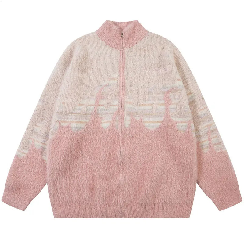 Mohair sweater jacket knitted flame full zipper skydiving cardigan woolen 240826