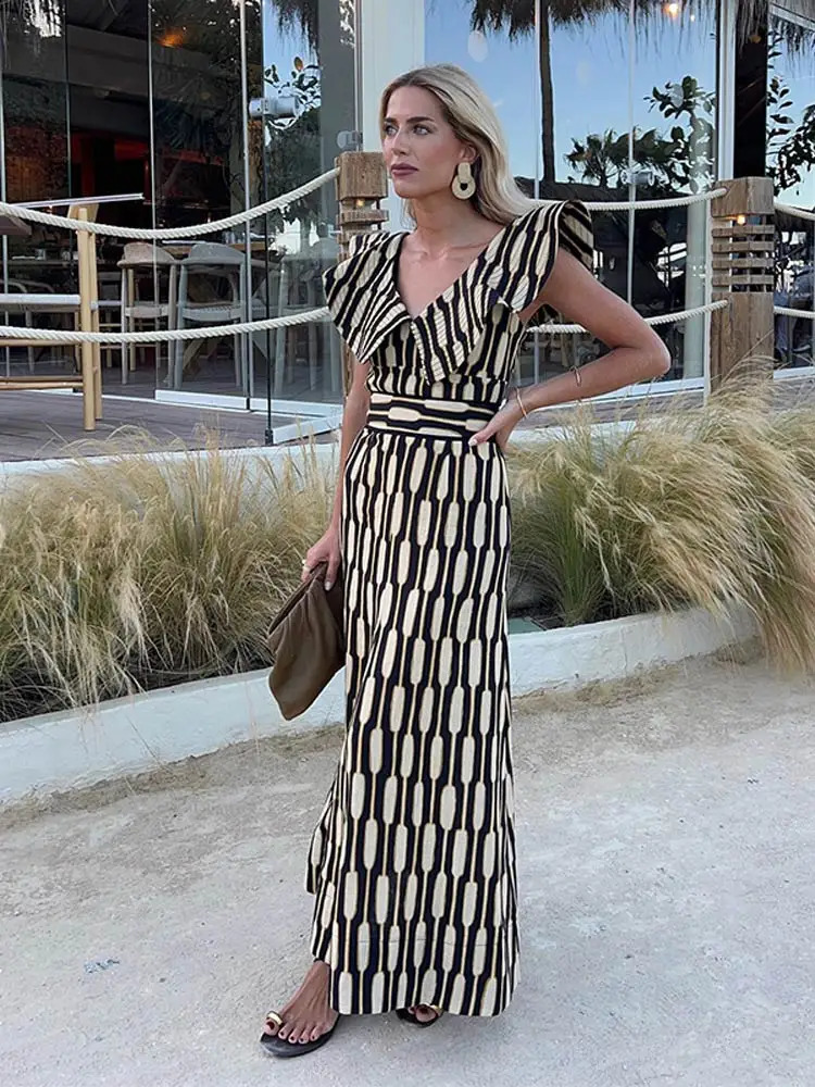 Fashion Printed Lotus Collar Flying Sleeve Top High Waist Tight Skirt Suit Ladies Elegant Skirts Set Women Vacation Outfits 240826