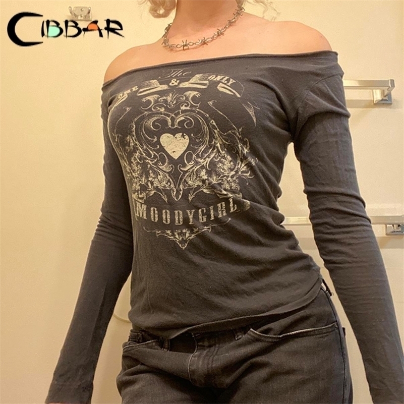CIBBAR Retro Printed Slant Neck Crop Womens Retro Folded Long Sleeve Shoulder T-shirt y2k Harajuku Graphic T-shirt Autumn 240826