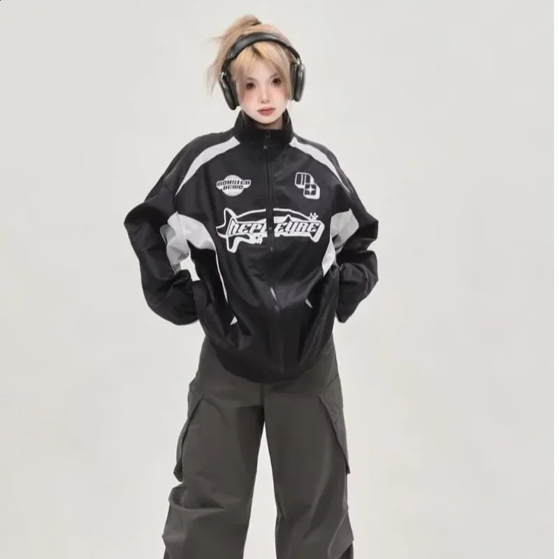 Deeptown-Vintage Racing Jacket for Women Oversized StreetwearKorean Fashion Windbreaker Hippie Motorcycle Jackets Y2k Autu 240827