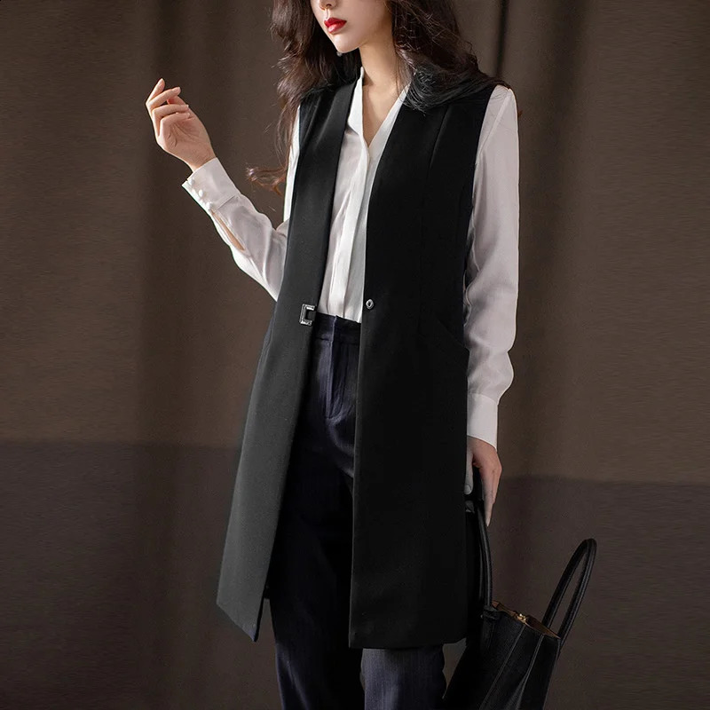 5114 Black Blue Long Vest Waistcoat Women Slim Fit Outerwear Blazer Coat Female Office Sleeveless Jacket Spring Autumn 240826