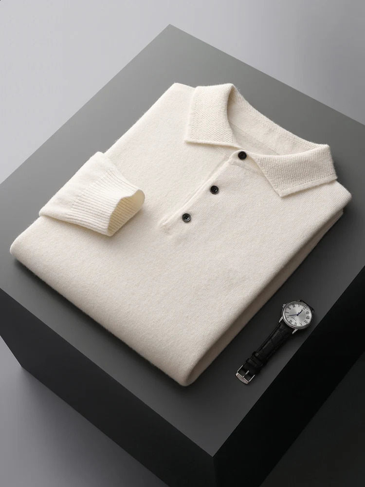 Fashion Autumn Winter Cashmere Sweater Mens 100% Merino Wool Pullover Casual Loose POLO Knitted Bottom Shirt Jacket Shirt 240826