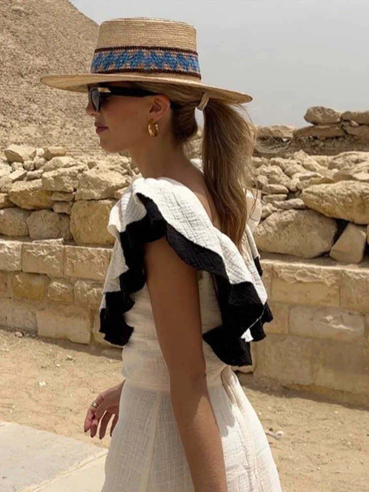 Knit Ruffle Patchwork Skirt Sets Women Elegant V-neck Sleeveless Top Midi Skirts Female Suit Summer Slim 2 Piece Set 240826