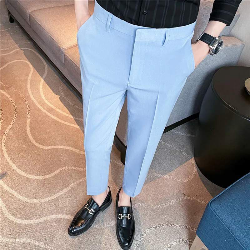 9 Color Summer Fashion Mens Suit Pants Pure Color Business Formal Pants Slim Fit Office Mens Wedding Social Ankle Long Trousers 240827