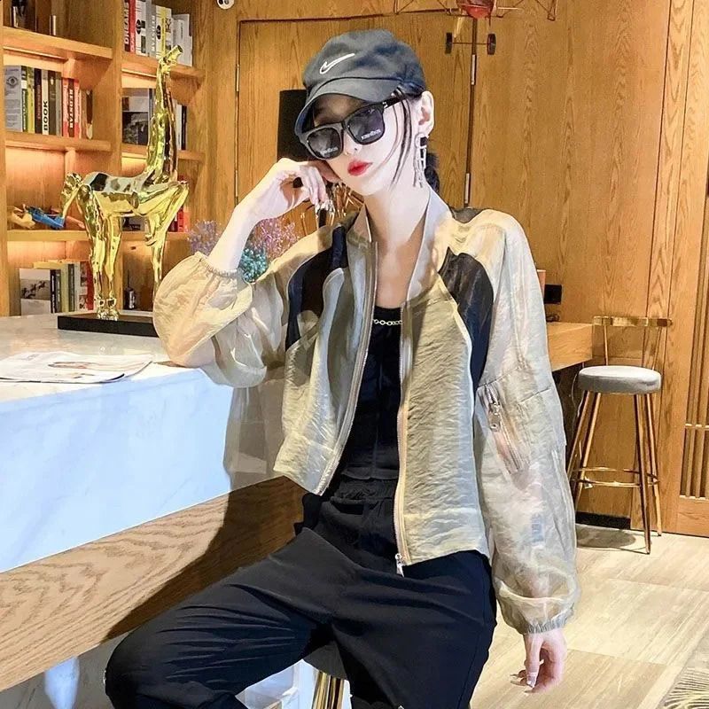 Summer Baseball Jacket Women Korean Fashion Lightweight Sun Protection Outerwear Long Sleeve Tops Casual Chaquetas 240827