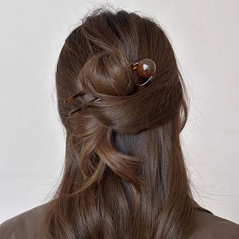 New Chinese style acetic acid U-shaped hair stick womens retro resin ball head flat bottom hair clip W240816