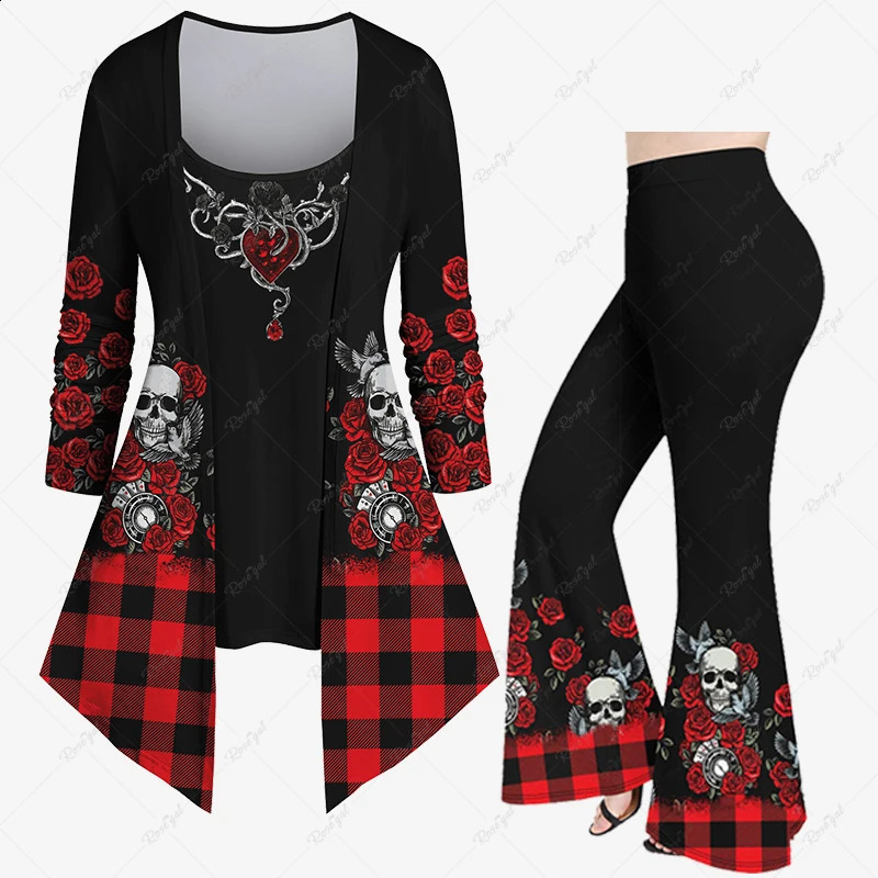 Autumn Halloween 3D Skeleton Rose Checkered Bird Pumpkin Bat Flame Printing 2-in-1 T-shirt or Flame Pants Daily Casual Set 240827