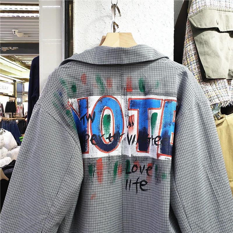 Autumn Women Blazers Sense Niche Graffiti British Style Suit Plaid Casual Long Sleeve Loose Ladies Coats H479 240826