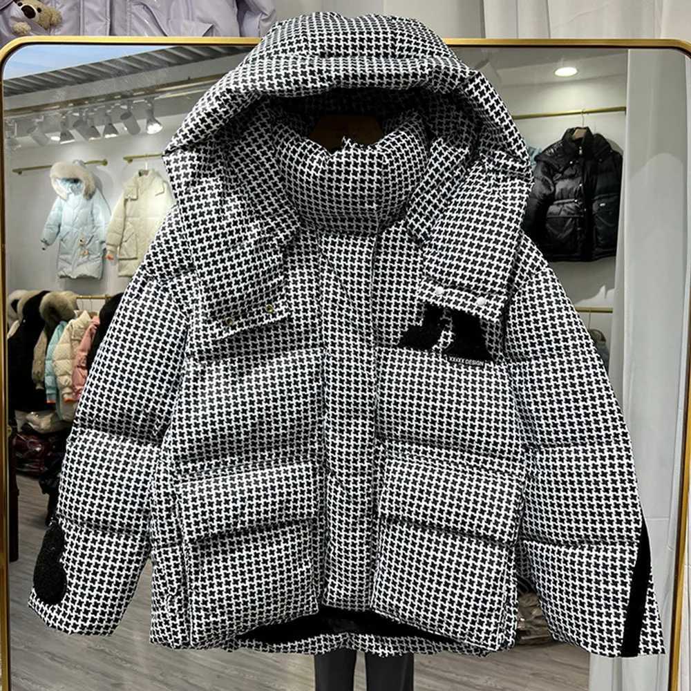 European Station Houndstooth Hooded Fluffy Coat Womens Winter Coat Warm Coat White Duck Coat Warm Coat Womens Coat CL240827