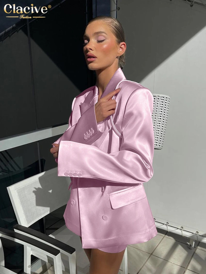 Clacive Fashion Loose Pink Satin 2 Piece Sets Women Outfit Elegant Long Sleeve Blazer With Mid Waist Mini Skirts Set Female 240826