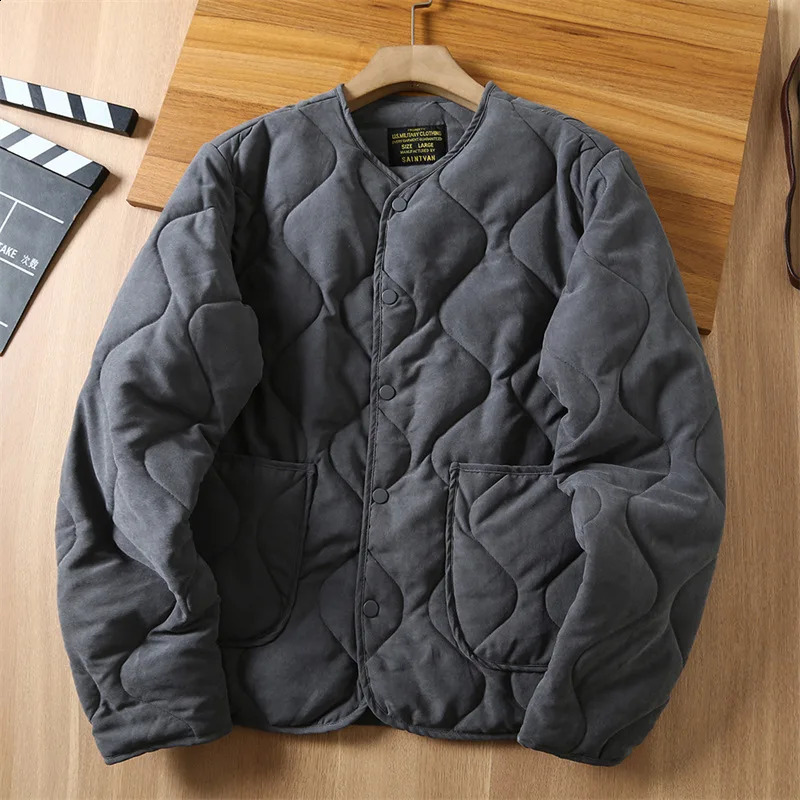 Winter vintage quilted jacket mens collarless cotton lined coat M65 lining lightweight casual loose Japanese coat high-quality 240827
