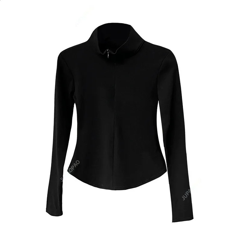 spring and summer ultra-thin long sleeved T-shirt for womens black spicy cotton zipper lapel polo neck top S-L 240827