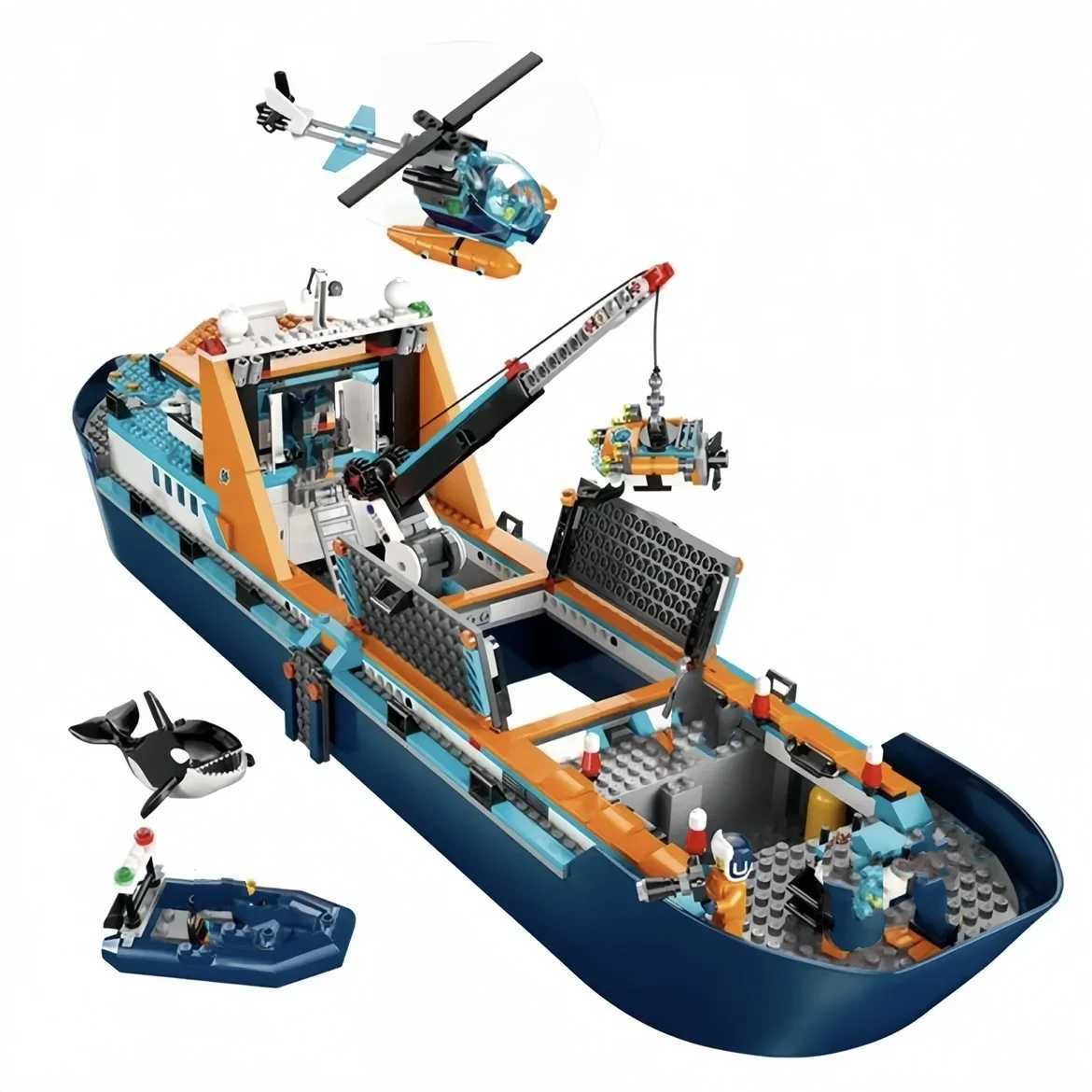 Arctic explorer ship compatible with 60368 building block toys floating boat helicopter ROV Sub Orca building block boys and girls gifts W241028