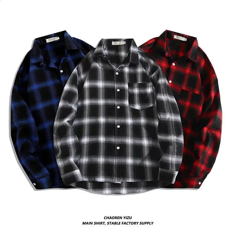 Vintage Plaid Shirts Oversize Basics Long Sleeve Turn-down Collar Pocket Loose Single Breasted Casual Thin Coat 240826