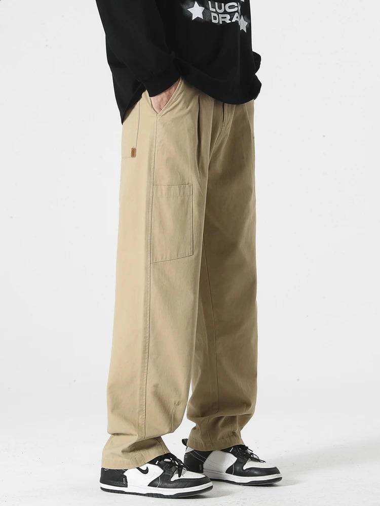 Mens Casual Pants Autumn Korean Fashion Washed Cotton Wide Leg Elastic Waist Straight Trouser