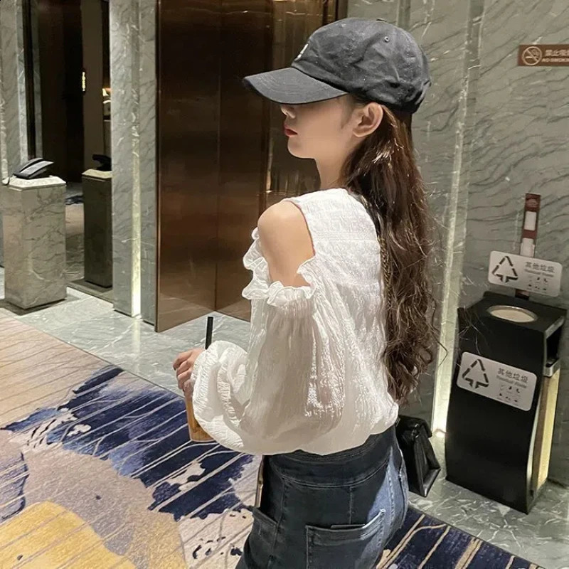 White Off Shoulder Loose Shirt for Women Spring Summer Long Sleeve Solid Hollow Out Korean Blouse Fashion Casual Clothing 240827