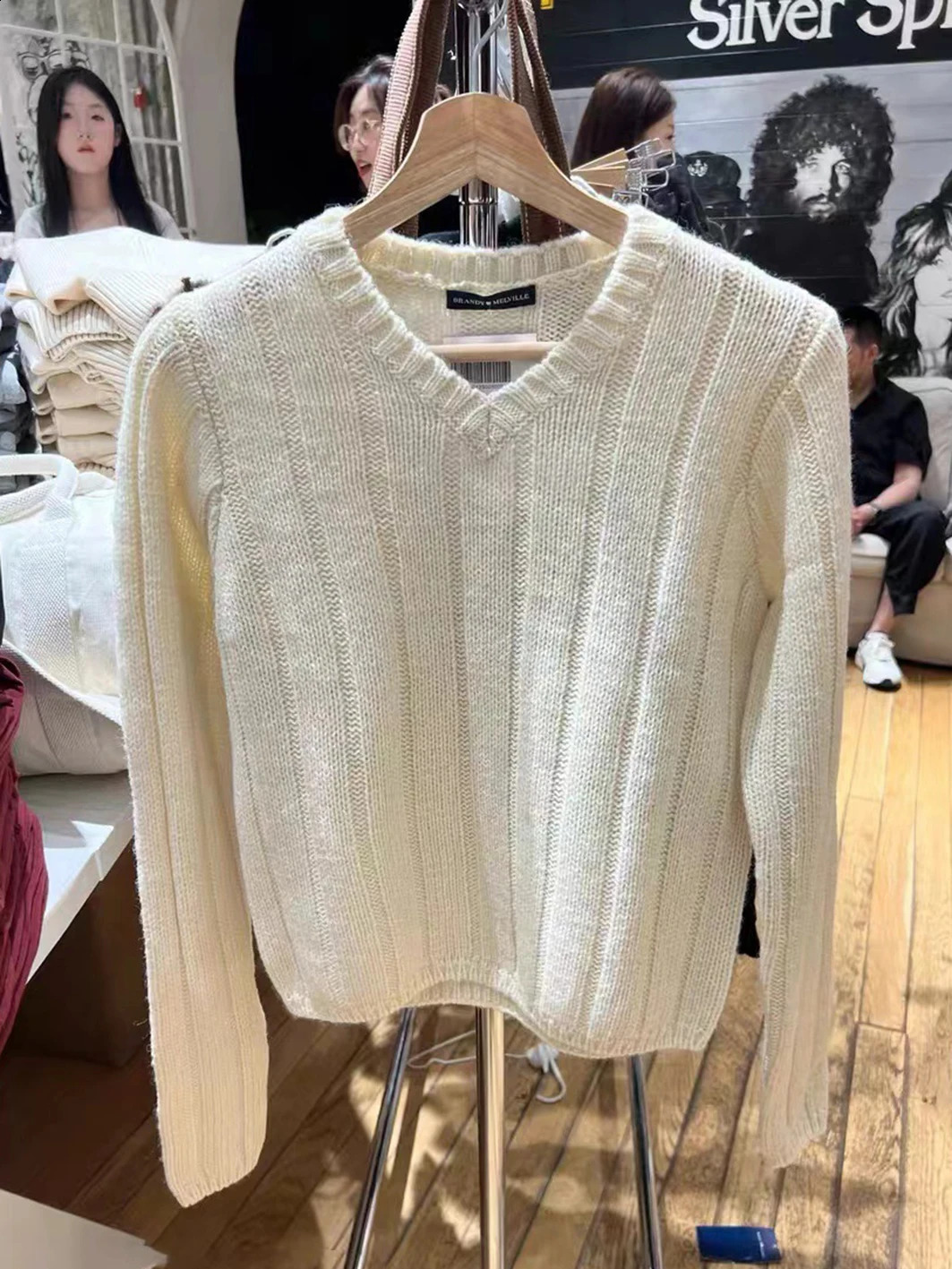 Beige Knitted Thick Warm Sweater Womens Autumn Sweet Vneck Long Sleeve Handle Y2k Top Harajuku Cute Cotton 240826