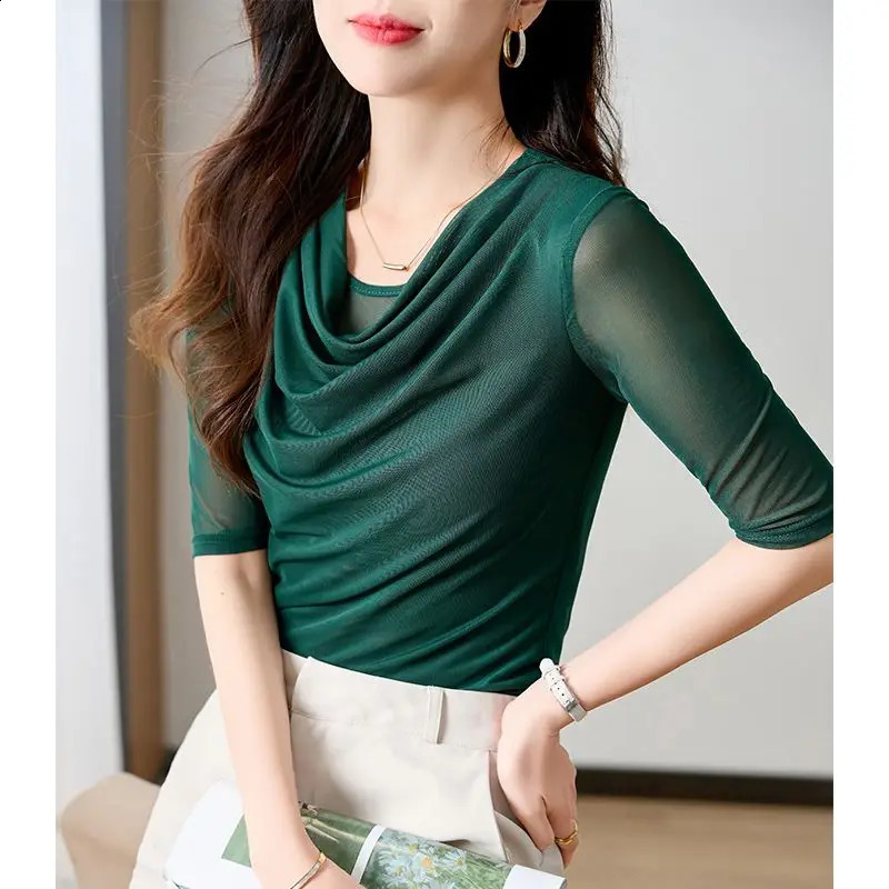 Womens short sleeved Tshirt pleated slim fit top monochrome mesh simple casual summer wear temperature 240827