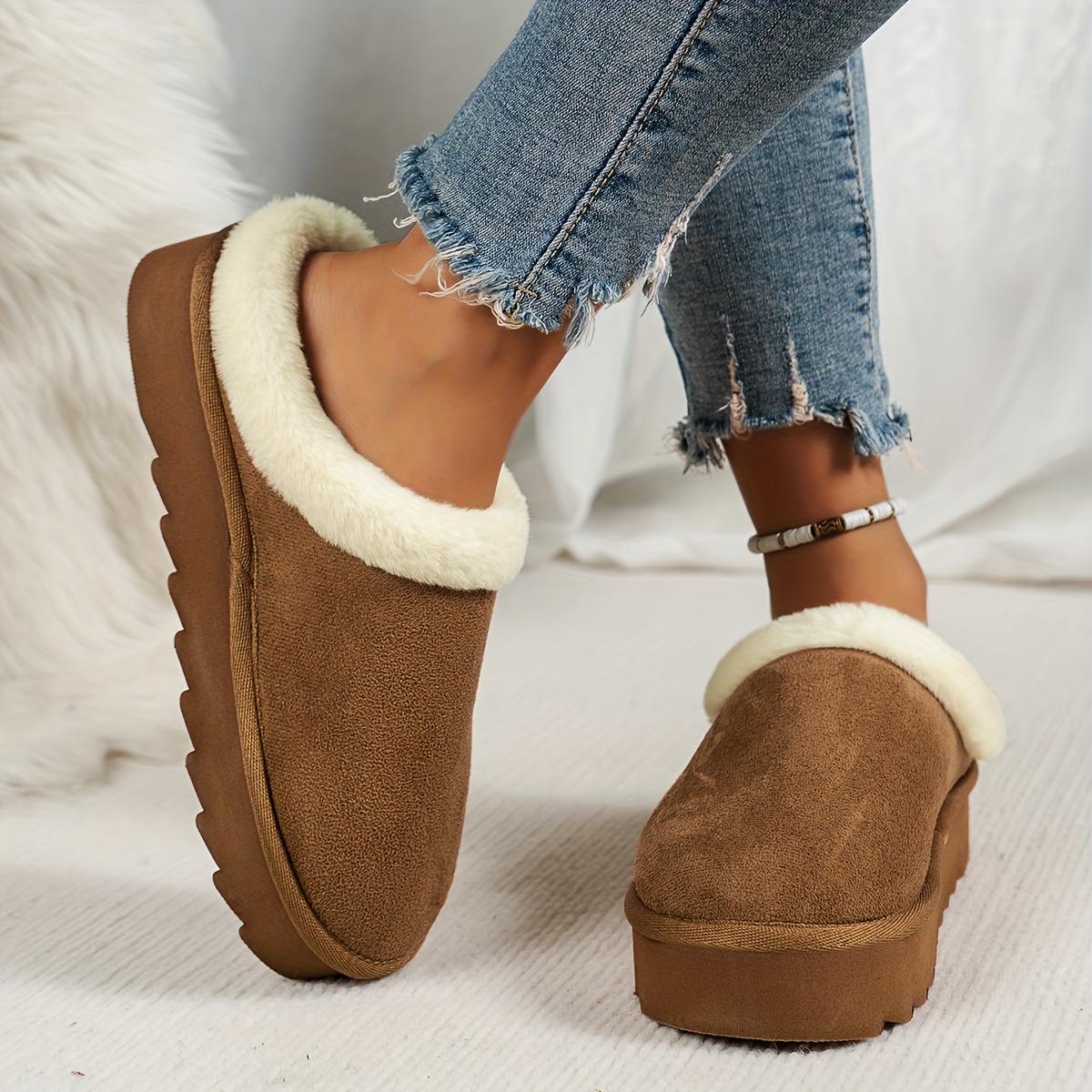 Solid Color Warm Home Slippers, Slip On Platform Lined Non-slip Shoes, Winter Comfy Plush Fuzzy Shoes