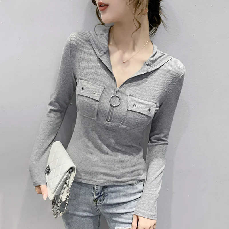 Wxw7914 black gray long sleeved hooded womens T-shirt zipper sexy street clothing short sleeved womens pocket elastic cotton ultra-thin 240827