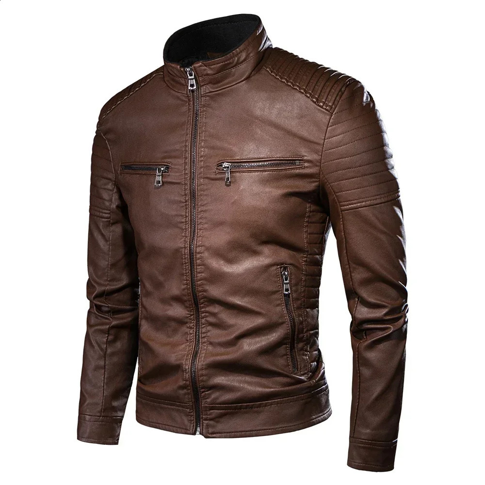 Mens Causal Vintage Leather Jacket Coat Men Spring Fashion Motor Biker Pocket PU Leather Jacket 240826