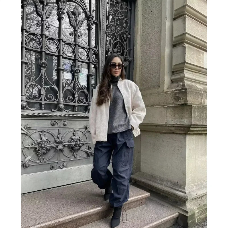 Traf Zr Womens Jacket Spring Elegant Wool Retro Coat Long Sleeve Harajuku Y2k Street Clothing Bomber 240826