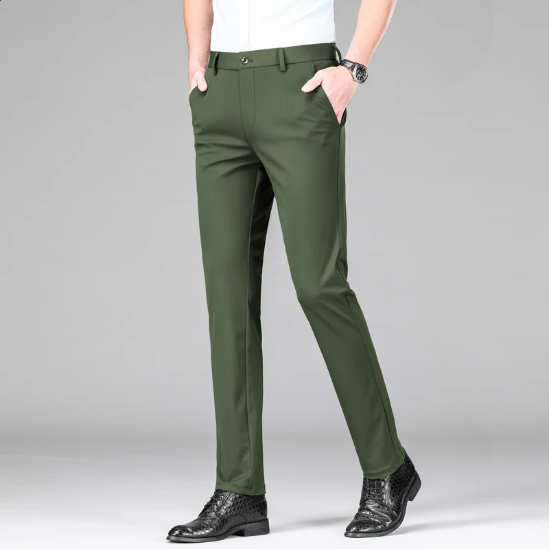 Spring Summer Mens Business Casual Long Suit Pants Male Army Green Blue Elastic Straight Formal Trousers Big Size 29-40 240827