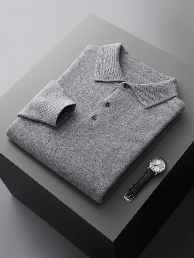 Fashion Autumn Winter Cashmere Sweater Mens 100% Merino Wool Pullover Casual Loose POLO Knitted Bottom Shirt Jacket Shirt 240826
