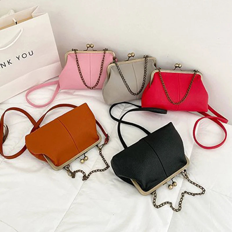 Vintage Soft Skin Shell Bag Lychee Pattern Handbag Simple And Versatile Shoulder Clip Chain Crossbody Womens 240827